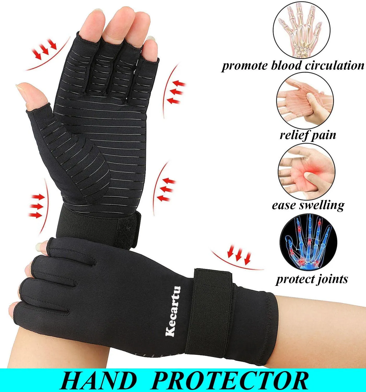 2 Pairs Compression Gloves, Copper Arthritis Gloves with Adjustable Strap,Carpal Tunnel,Typing,Support for Men & Women (Large/X-Large (2-Pair)) Large/X-Large (2-Pair)