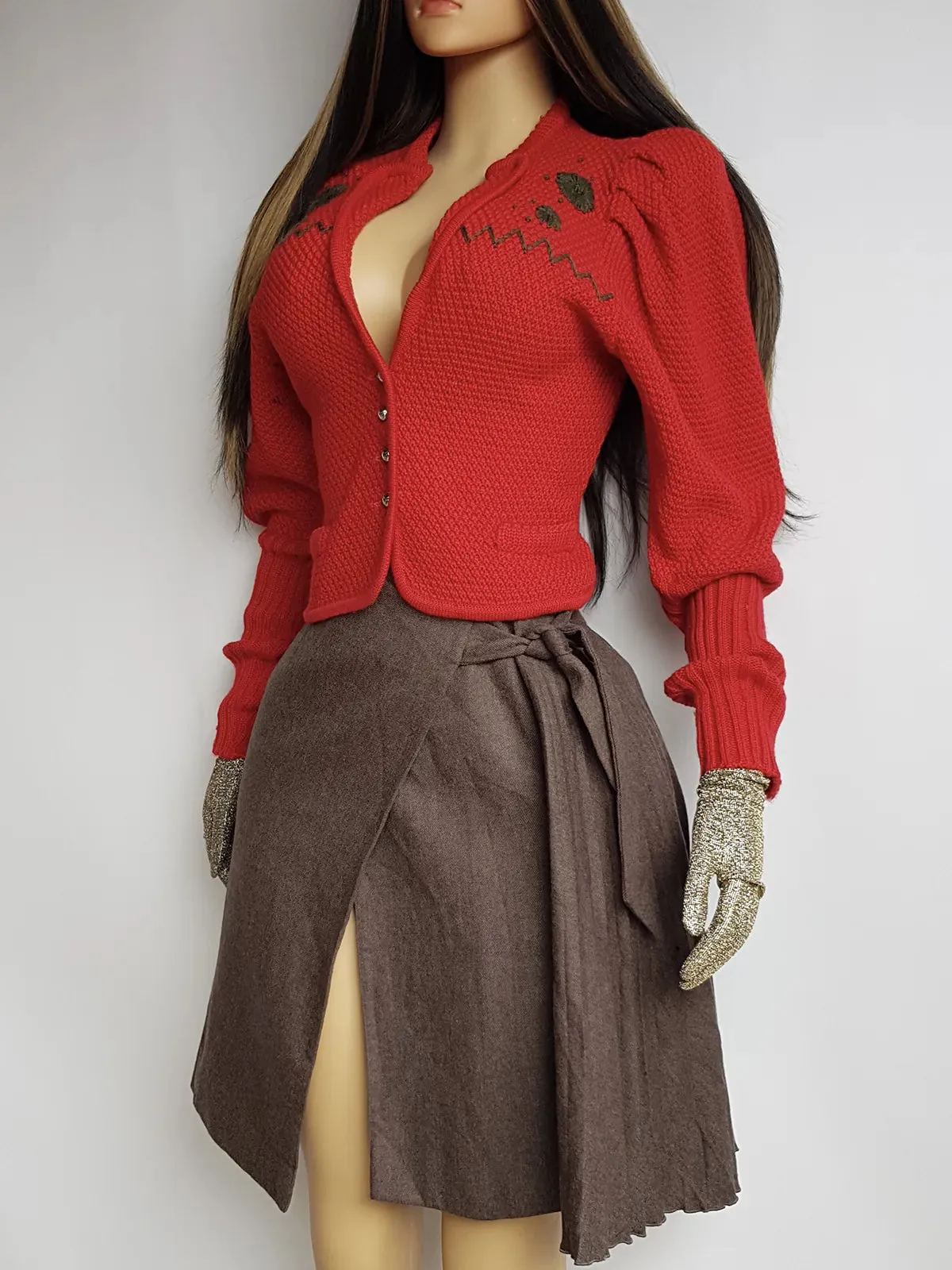 Authentic Ungaro Designer Wrap Skirt in Virgin Wool - Made in Italy - Sexy Asymmetrical Drape - Pleated side panelling -  Muted Mushroom Tones