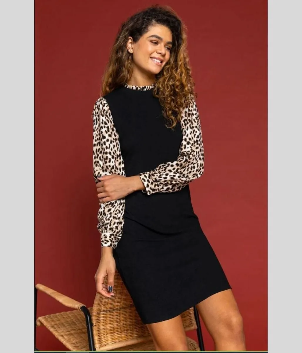 Black Leopard Sleeve Contrast Dress 18 20
