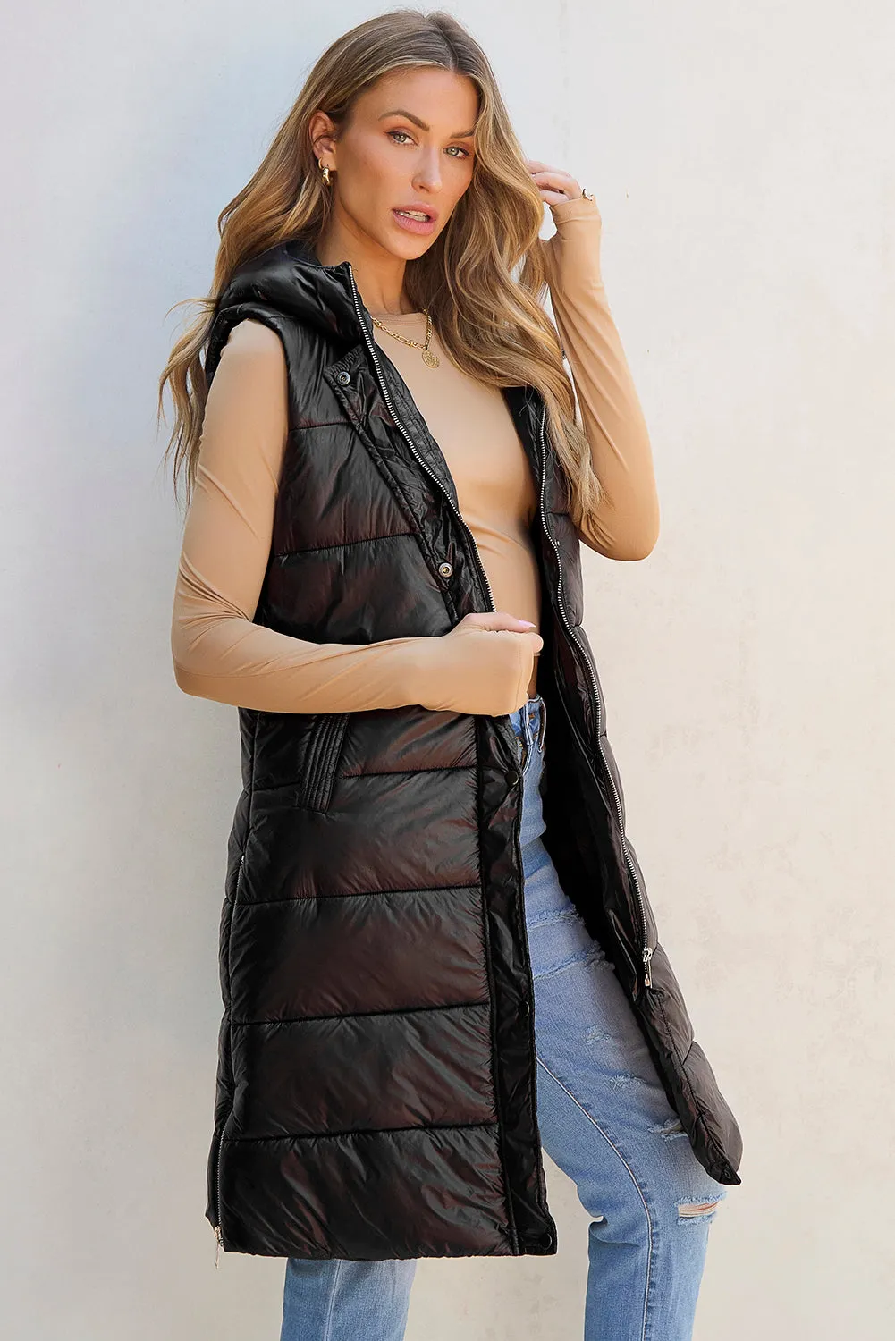 Blue Zone Planet |  Black Hooded Long Quilted Vest Coat