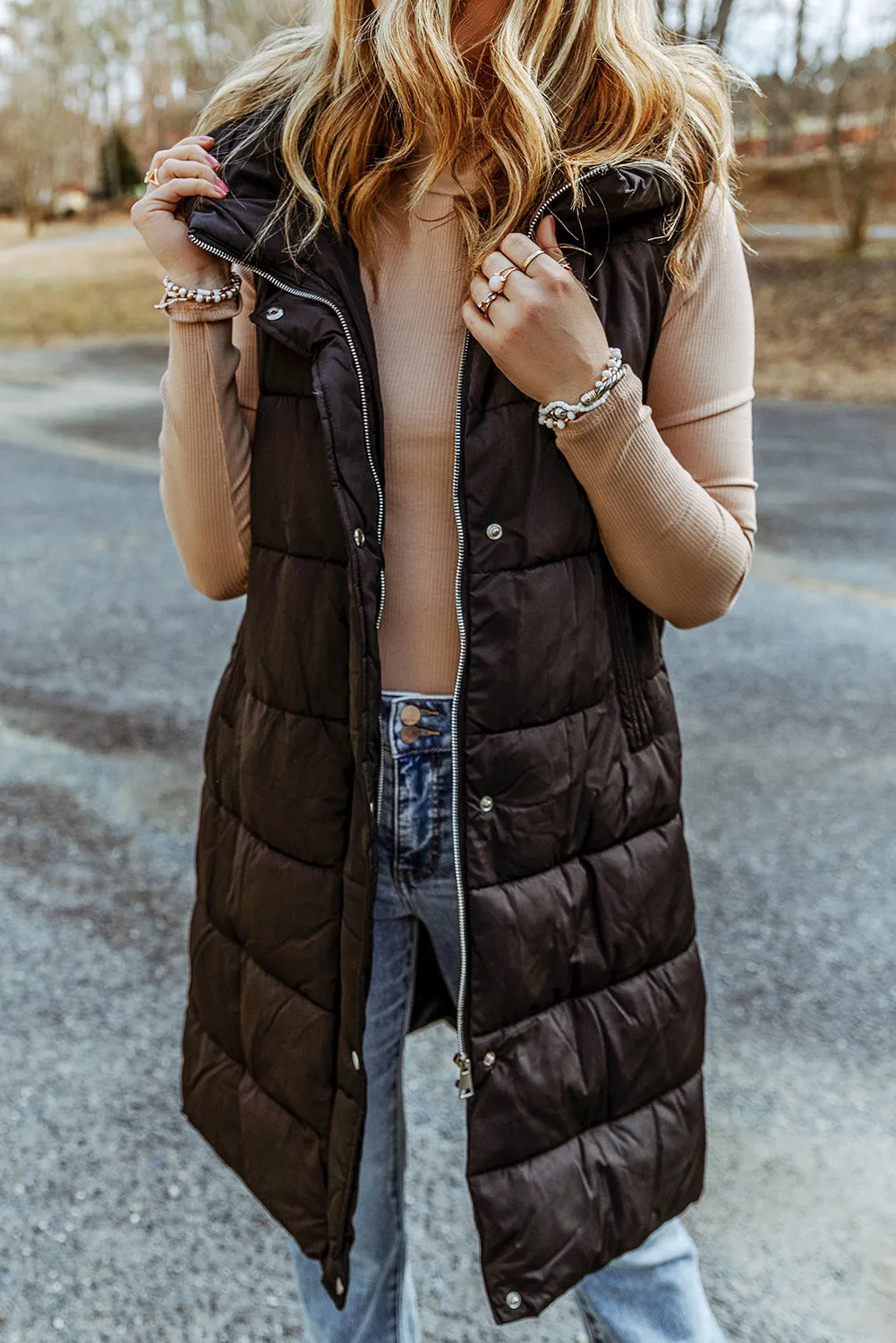 Blue Zone Planet |  Black Hooded Long Quilted Vest Coat