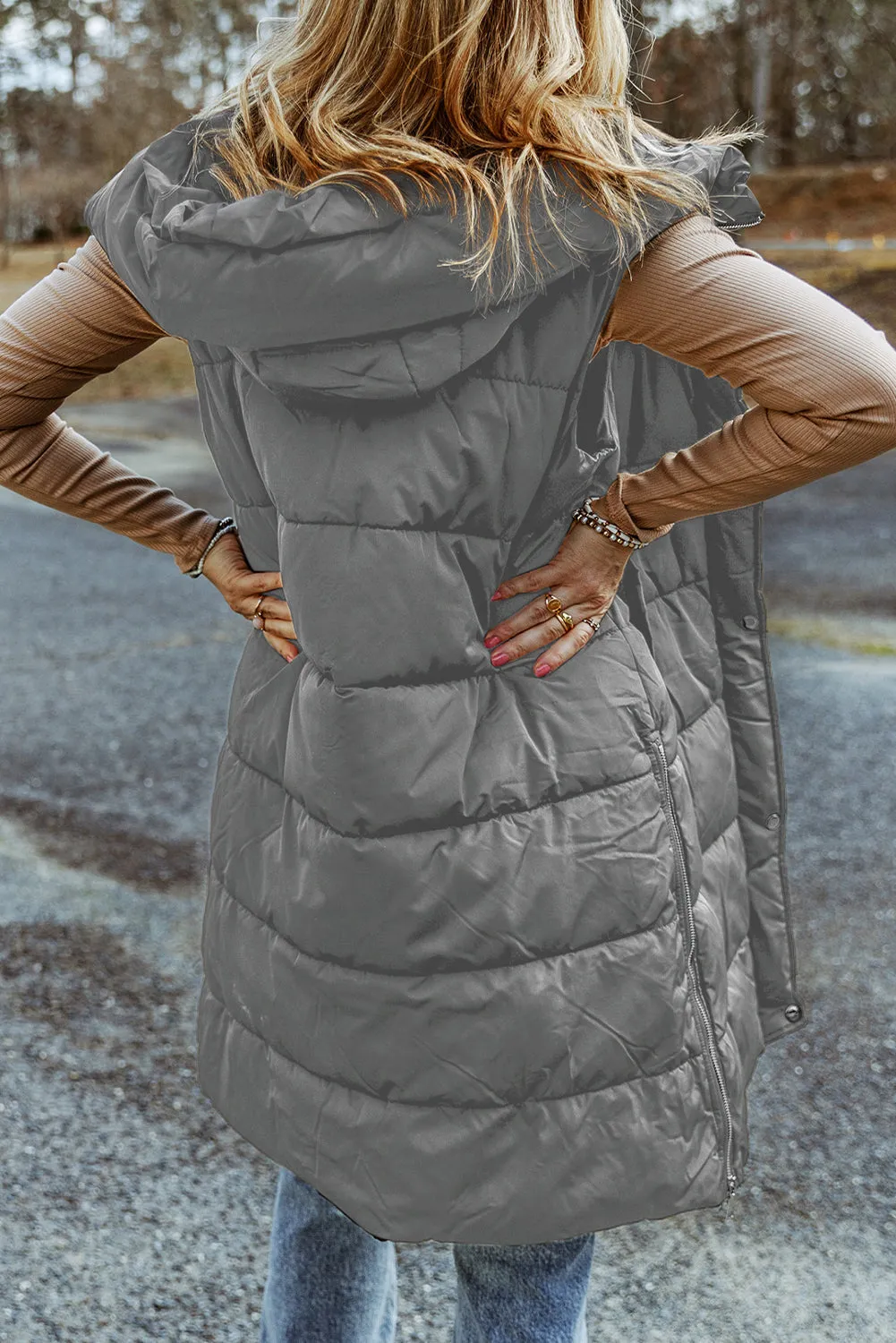 Blue Zone Planet |  Dark Grey Hooded Long Quilted Vest Coat