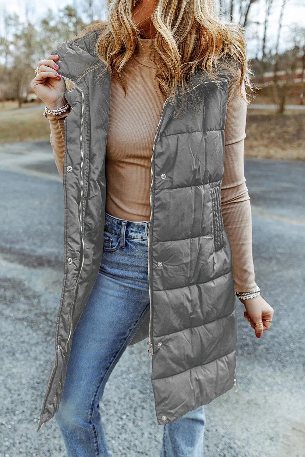 Blue Zone Planet |  Dark Grey Hooded Long Quilted Vest Coat