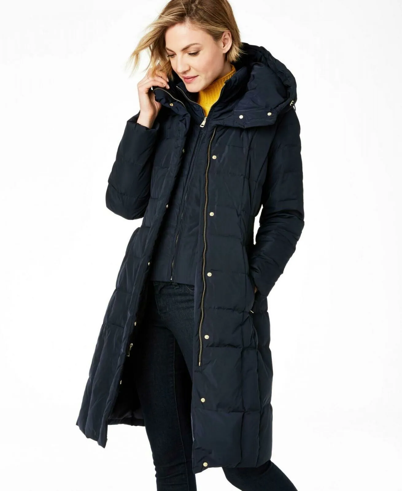 Cole Haan Women's Box Quilt Down Puffer Coat Navy Small
