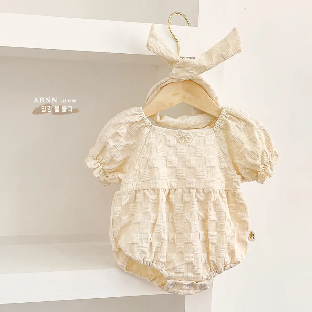DUNNMALL  Summer New Korean Style Baby Girl Sisters Outfit Puff Sleeve Princess Dress Romper with Hair Band