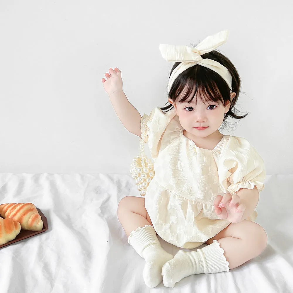DUNNMALL  Summer New Korean Style Baby Girl Sisters Outfit Puff Sleeve Princess Dress Romper with Hair Band