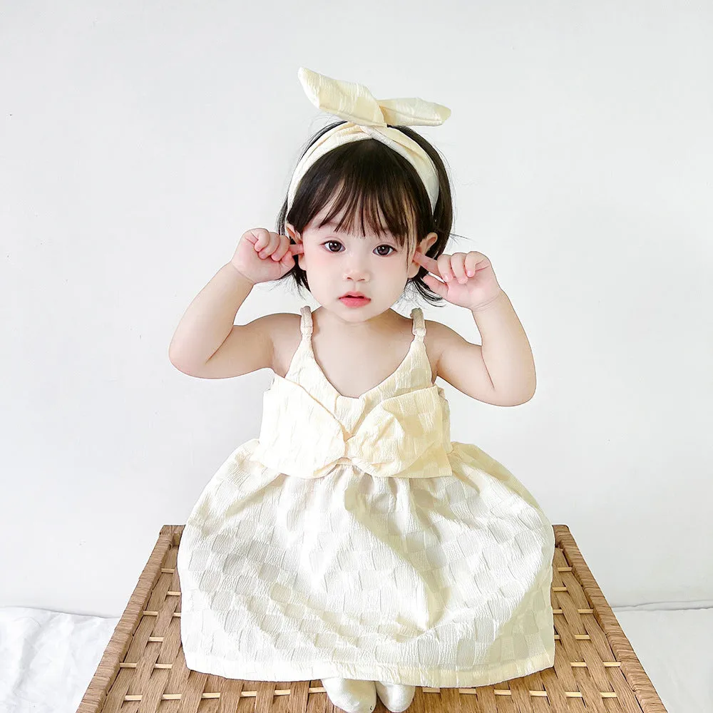 DUNNMALL  Summer New Korean Style Baby Girl Sisters Outfit Puff Sleeve Princess Dress Romper with Hair Band