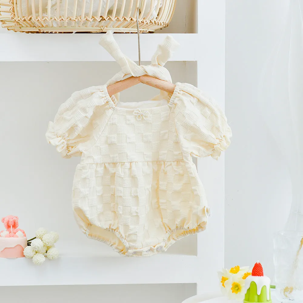 DUNNMALL  Summer New Korean Style Baby Girl Sisters Outfit Puff Sleeve Princess Dress Romper with Hair Band