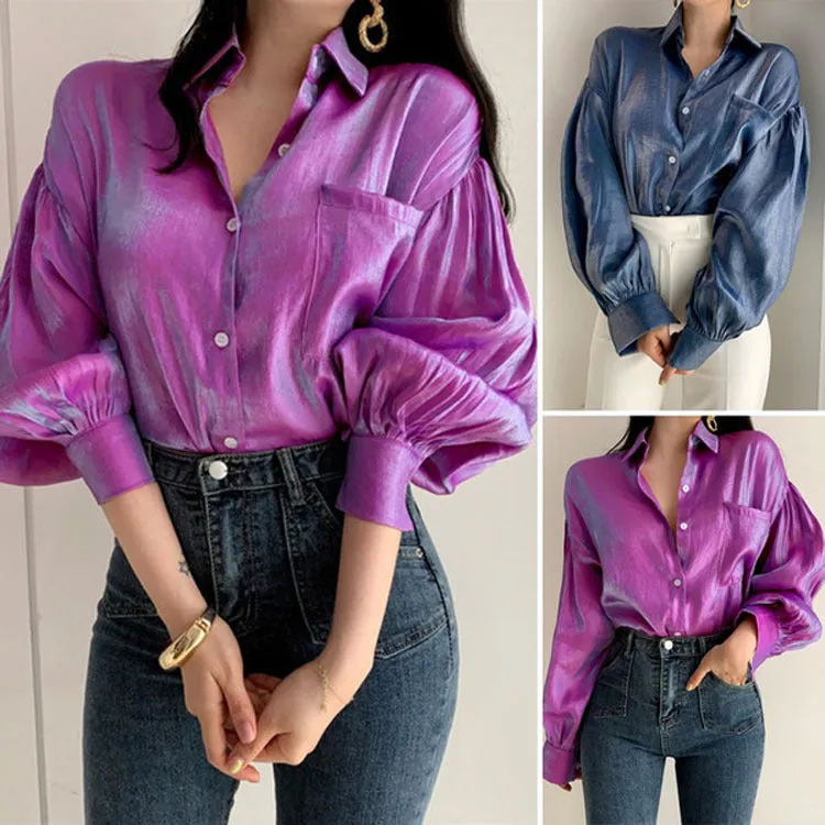 Gradient Color Oversized Button-Down Blouse