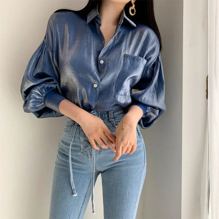 Gradient Color Oversized Button-Down Blouse