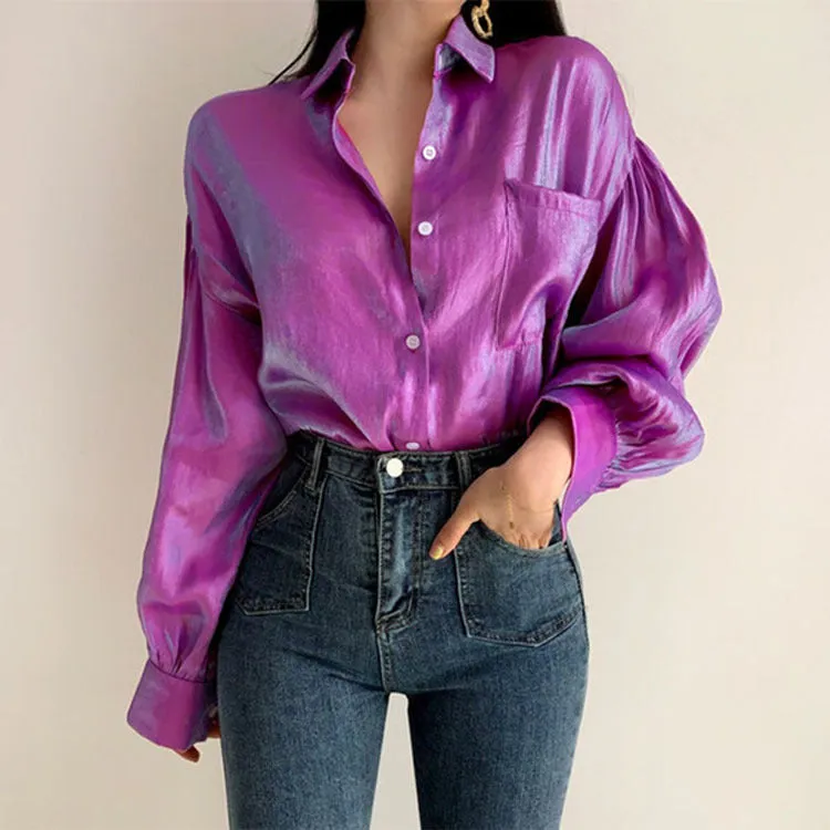 Gradient Color Oversized Button-Down Blouse
