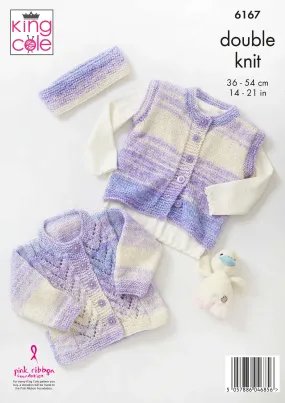 King Cole 6167 Double Knitting Pattern - DK Baby Coat, Cardigan, Gilet & Headband (0 - 2 yrs)