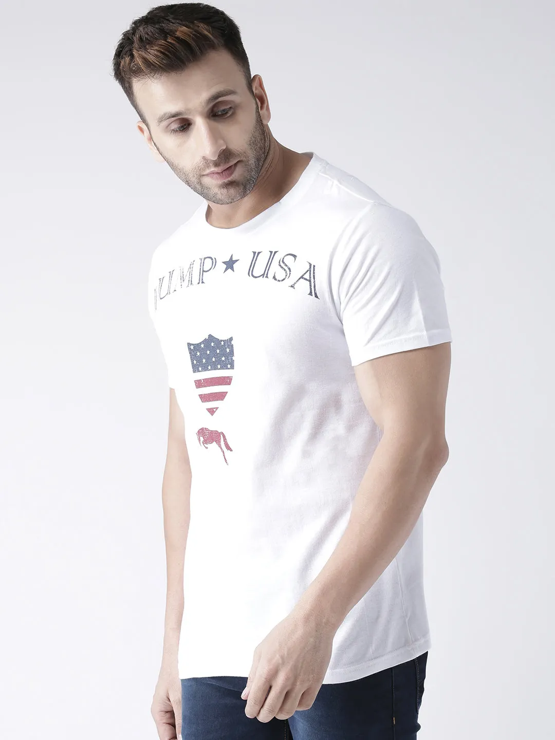 Men White Round Neck Tshirt