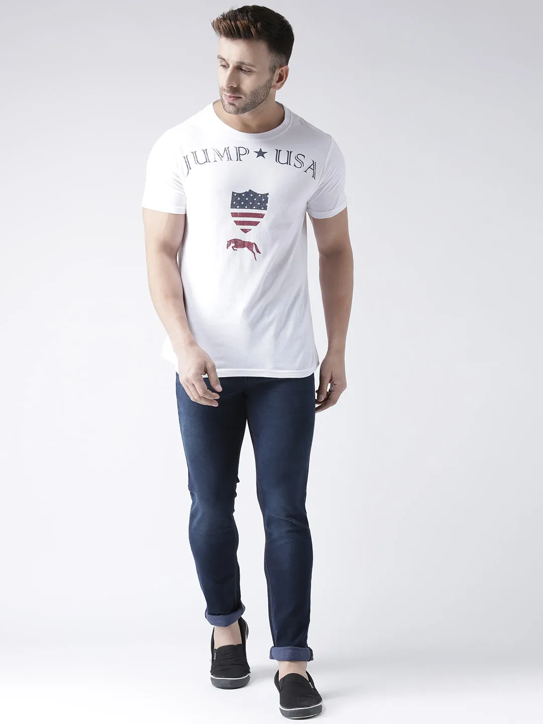 Men White Round Neck Tshirt