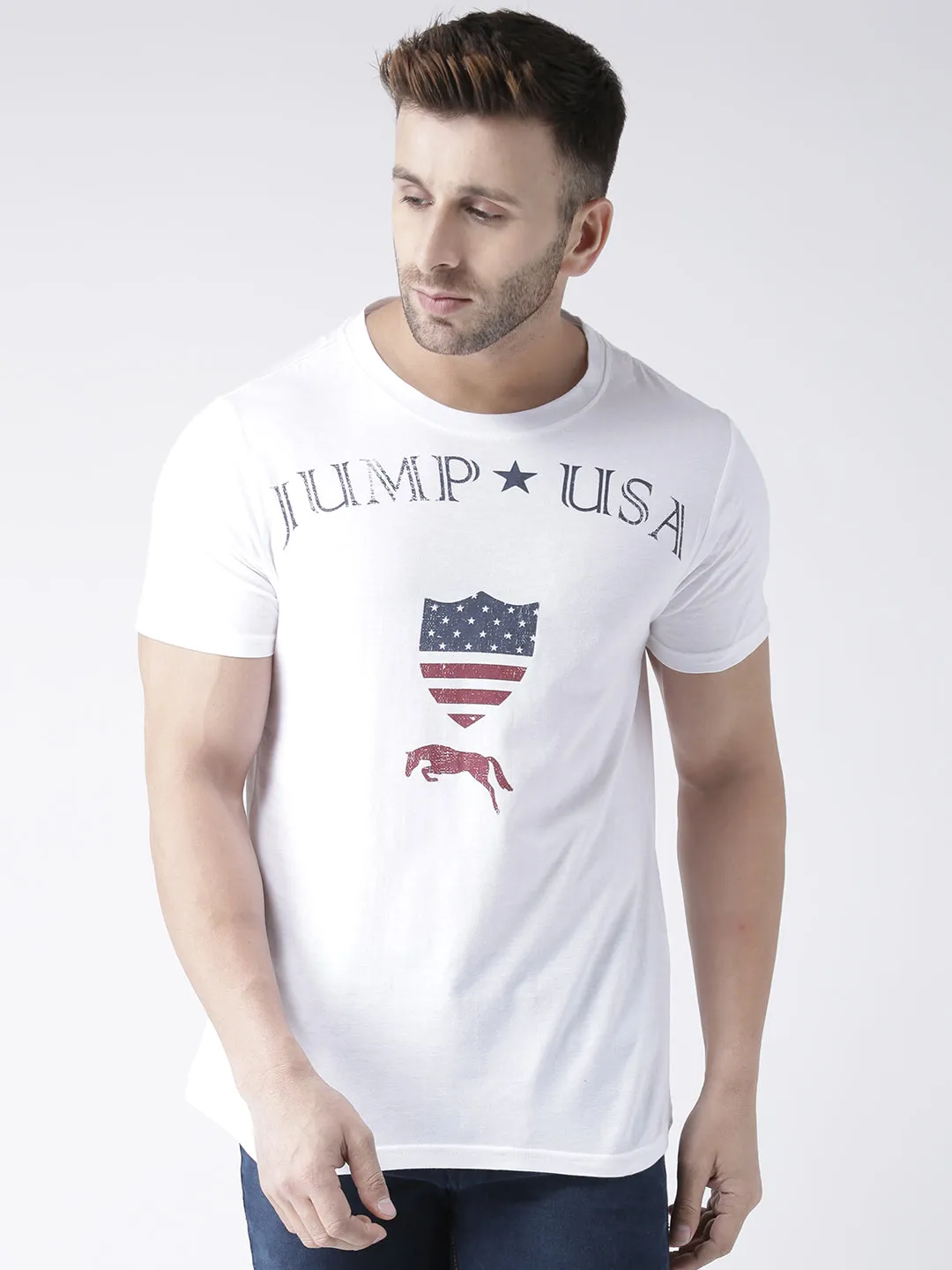 Men White Round Neck Tshirt
