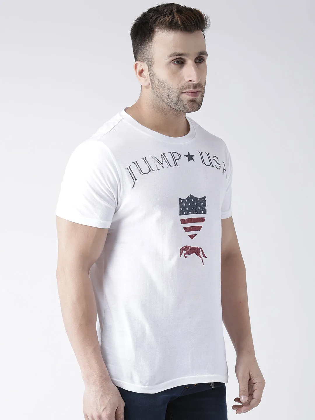 Men White Round Neck Tshirt