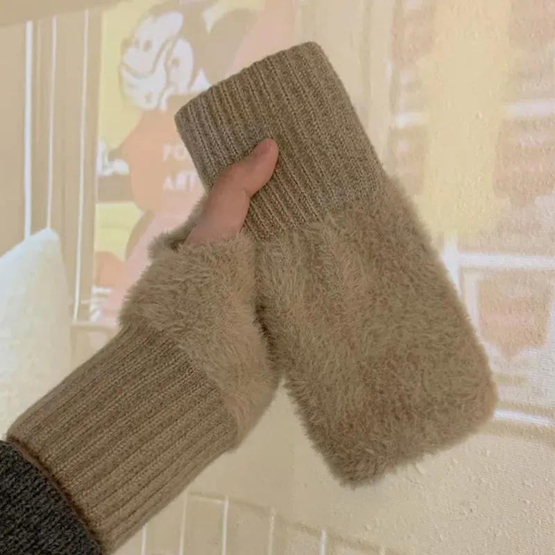 Mink Fleece Soft Winter Half Finger Gloves Warm Luxury Solid White Plush Knitted Fingerless Gloves Wrist Mittens