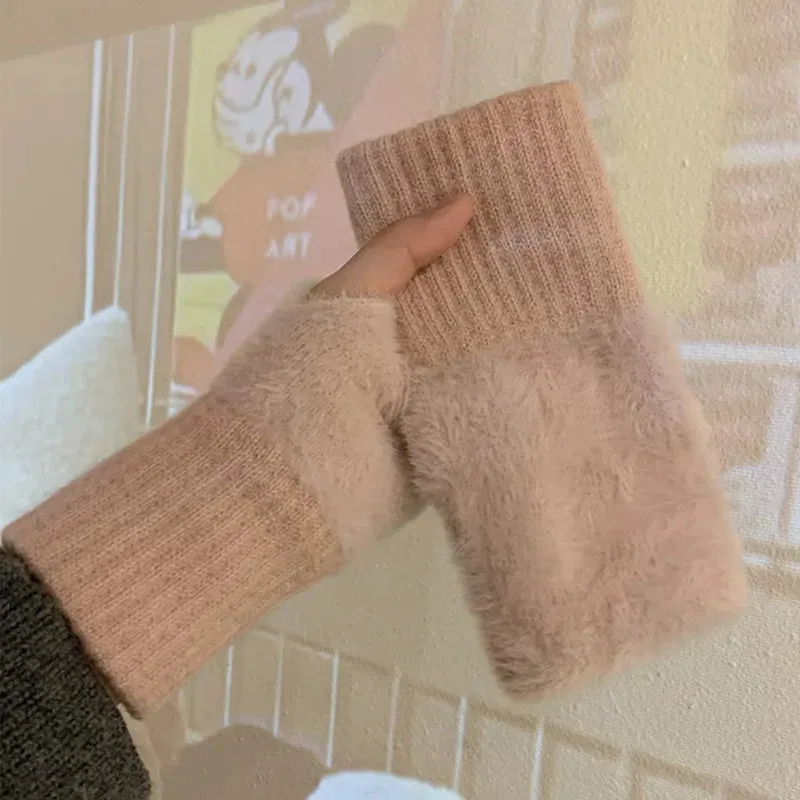 Mink Fleece Soft Winter Half Finger Gloves Warm Luxury Solid White Plush Knitted Fingerless Gloves Wrist Mittens