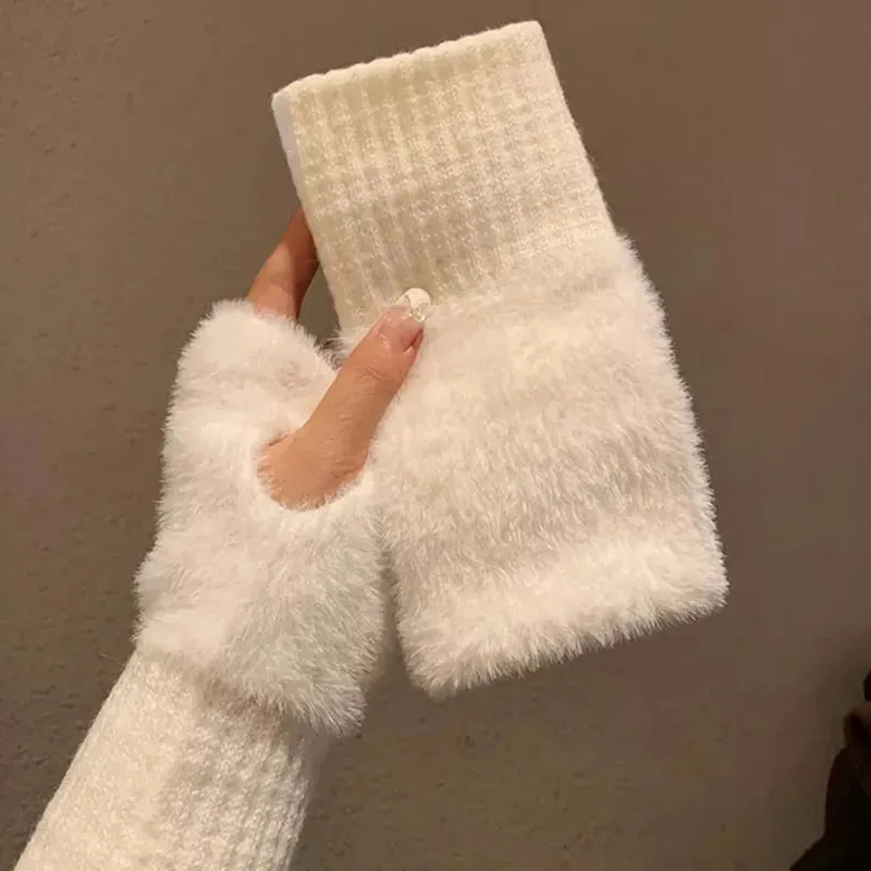 Mink Fleece Soft Winter Half Finger Gloves Warm Luxury Solid White Plush Knitted Fingerless Gloves Wrist Mittens