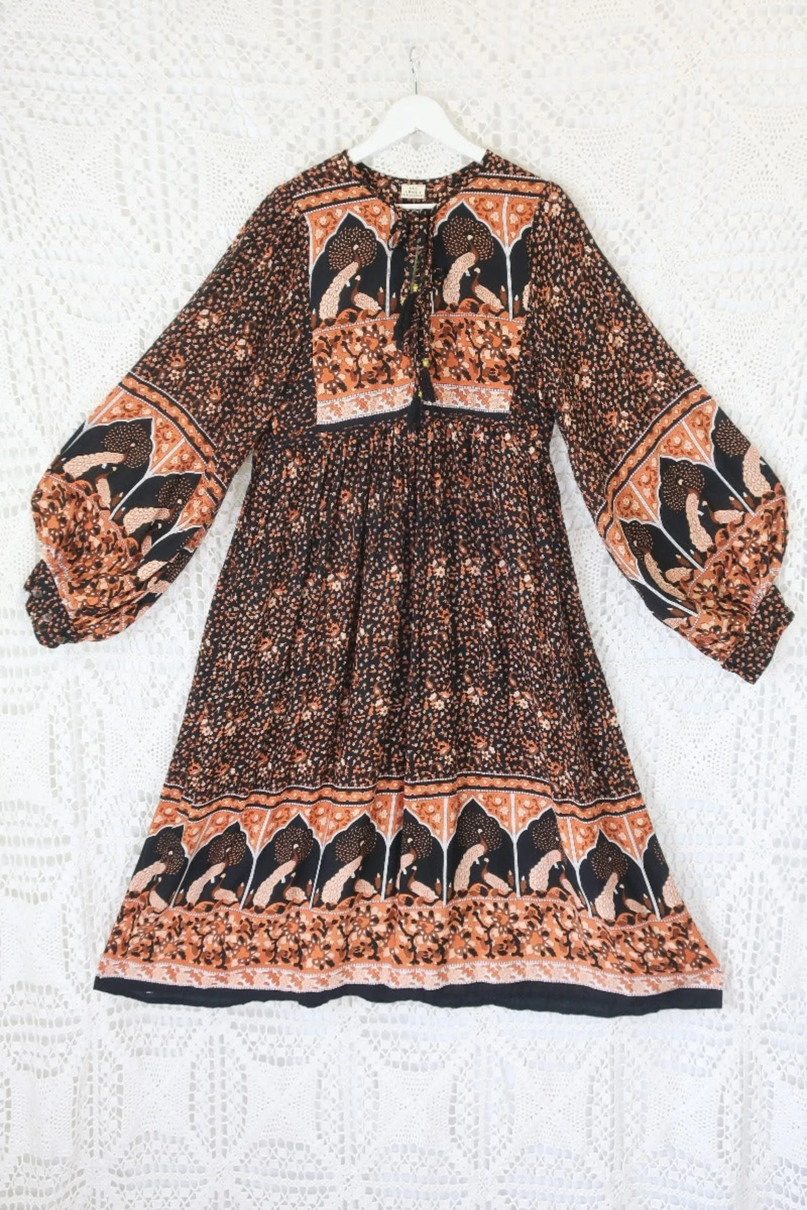 Peacock Primrose Dress in Jet Black & Terracotta