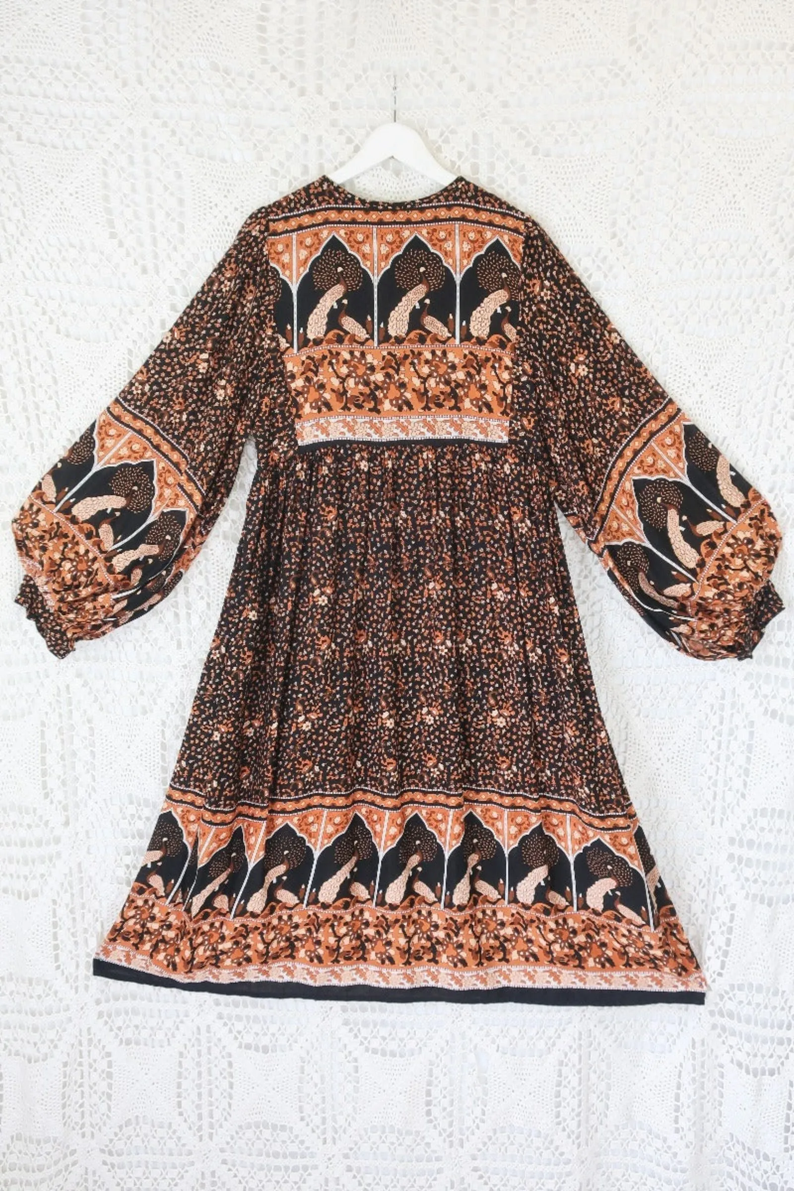 Peacock Primrose Dress in Jet Black & Terracotta