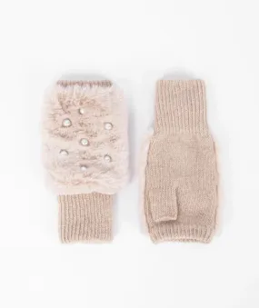 Pia Rossini Jasmin Honey Fingerless Pearl Embellished Faux Fur Gloves (ecologically produced garment)