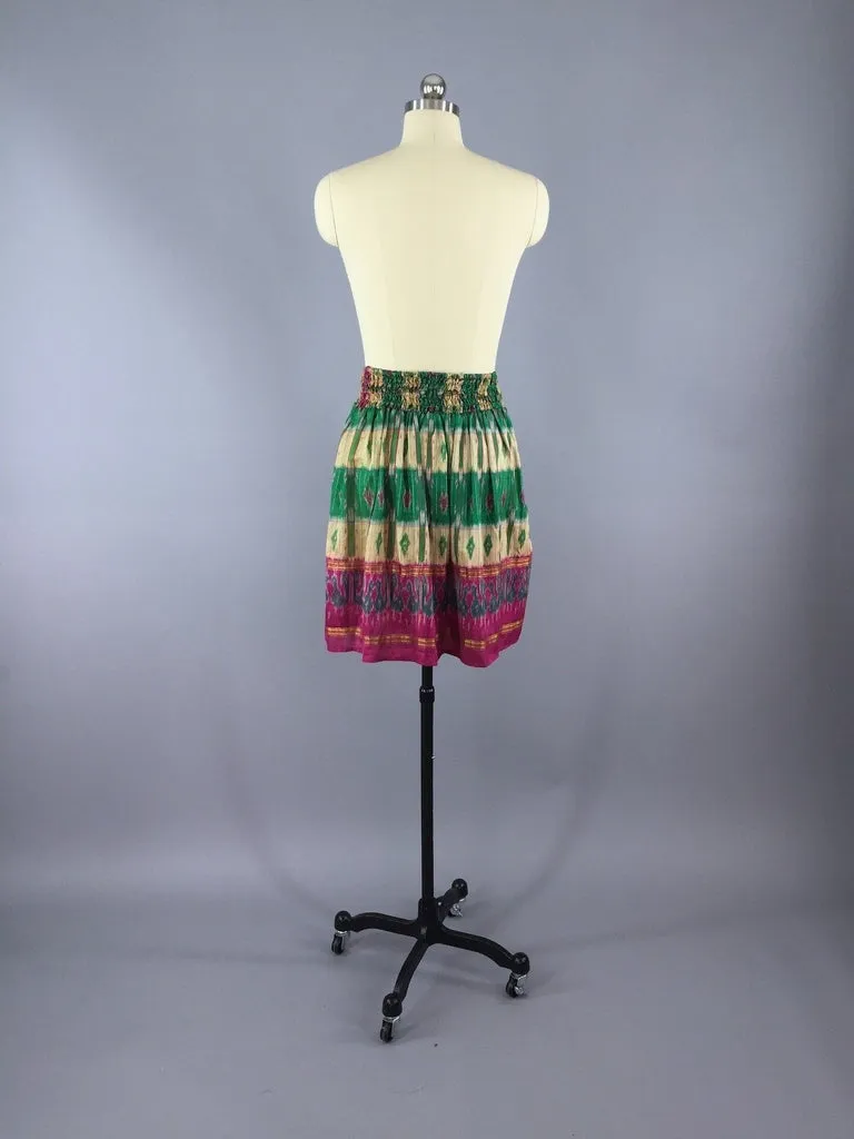 Silk Skirt / Vintage Indian Sari / Green Yellow IKAT Print - Size Large to XL