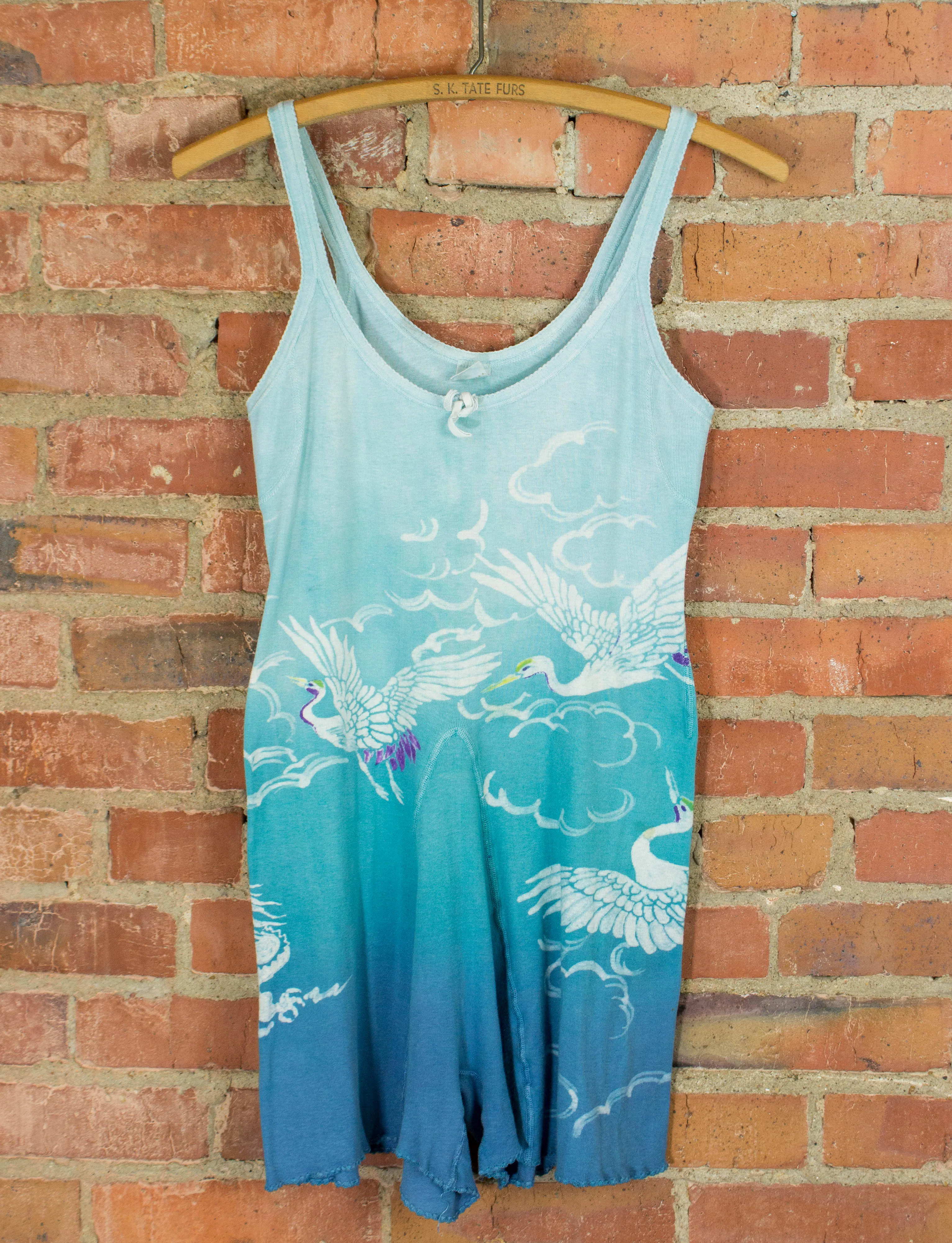 Vintage Mihitabel Women's Tie Dye Romper 60s Blue and White with Hand Painted Cranes Small