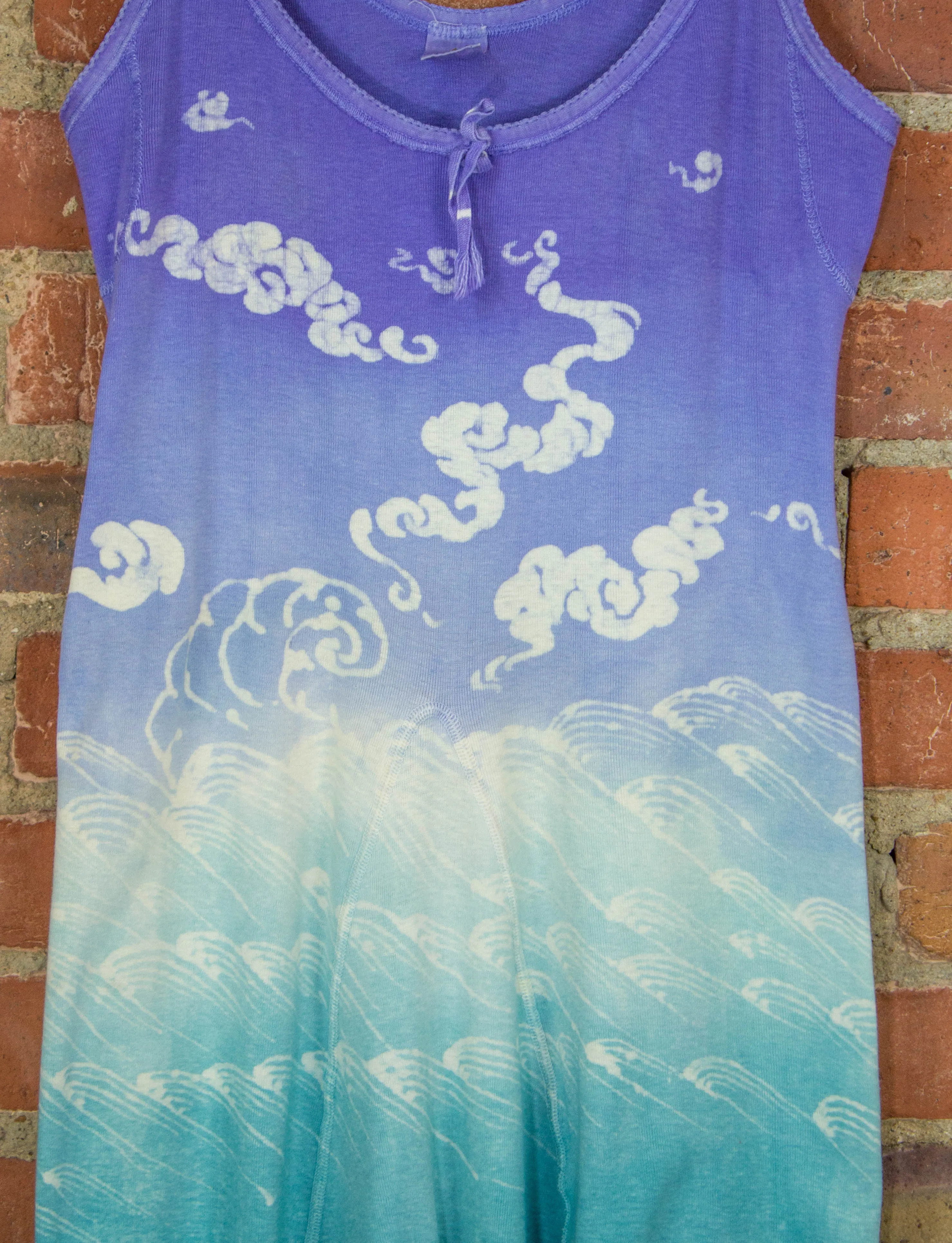 Vintage Mihitabel Women's Tie Dye Romper 60s Purple and Aqua With Cloud and Wave Designs Small
